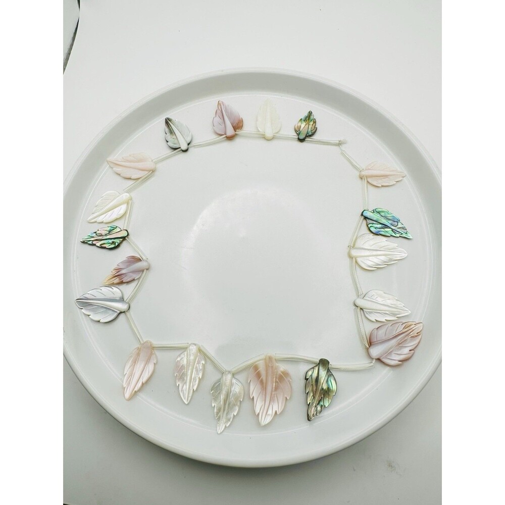 Vintage Carved Mother Of Pearl Abalone Leaf Charm Strand